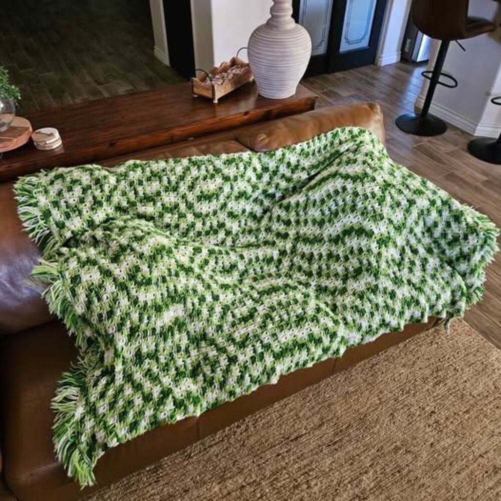 Handmade Green and White Crochet Throw Blanket